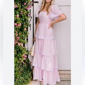SAIL TO SABLE Square Tiered Embroidered Puff Sleeves Pedal Pink Maxi Dress Sz S